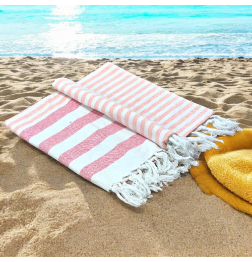 Coral - Cotton Hammam Beach Towel with reversible Toweling