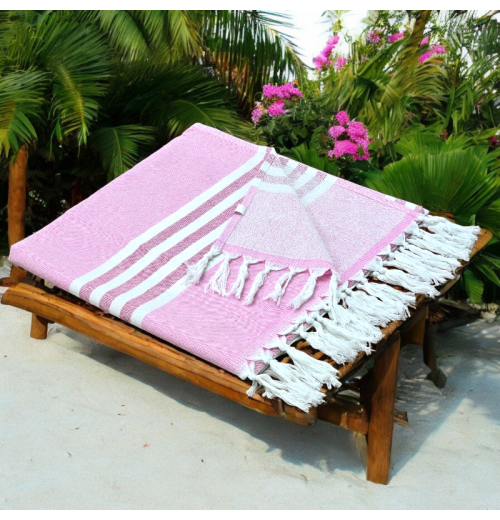 Pink - Cotton Hammam Beach Towel with reversible Toweling